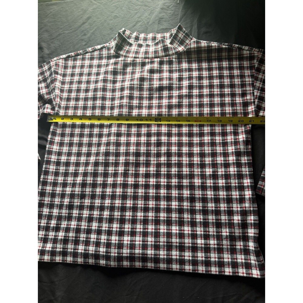 Ann Taylor Womens Plaid Top M Mock Neck Long Sleeve Red Black Holiday Preppy - Picture 3 of 6